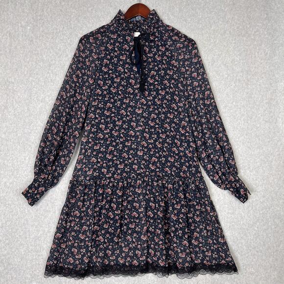 See by Chloé Blue Floral Long Sleeve Haze Lace Trim Mini Dress Size 34 - Picture 2 of 11